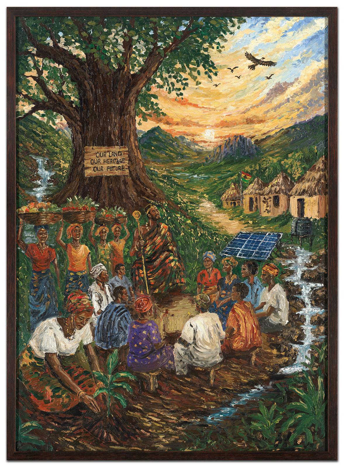 Sana Ullah painting of a community gathering beneath an ancestral tree, with women carrying harvests, a sapling, flowing water, homes and solar panels